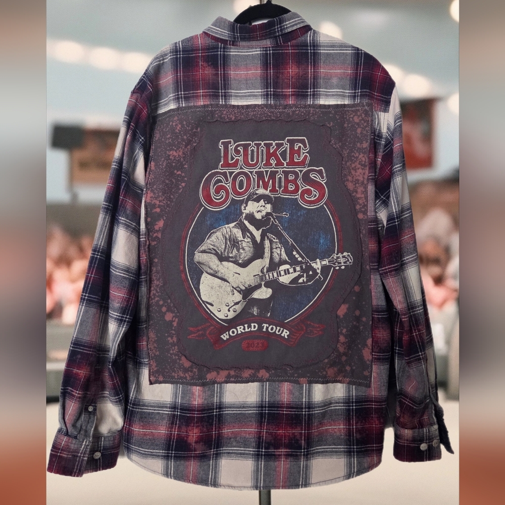 Upcycled LUKE COMBS distressed Plaid Flannel Shirt